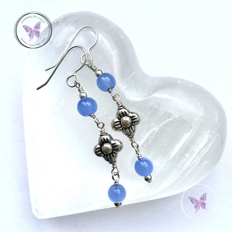 Blue Chalcedony Silver Flower Dangle Earrings